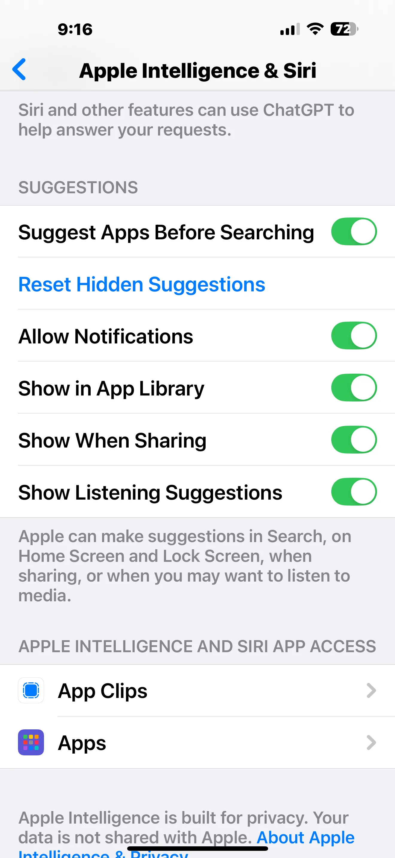 Màn hình cài đặt Apple Intelligence hiển thị tùy chọn quyền truy cập ứng dụng, cho phép quản lý tính năng AI theo từng ứng dụng.
