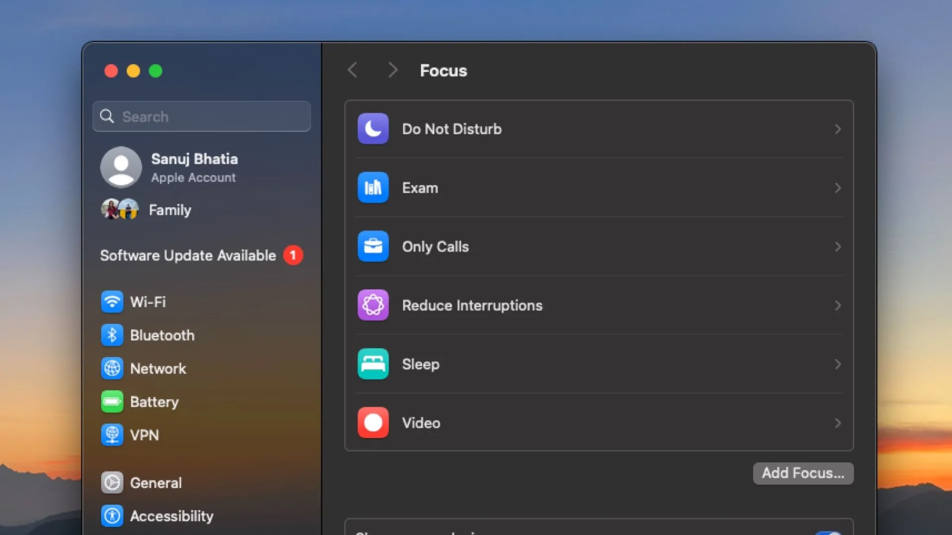 Màn hình cài đặt chế độ Tập trung (Focus Mode) trên macOS, thể hiện khả năng tùy chỉnh nâng cao
