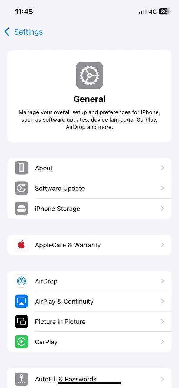 Màn hình Cài đặt chung trên iPhone