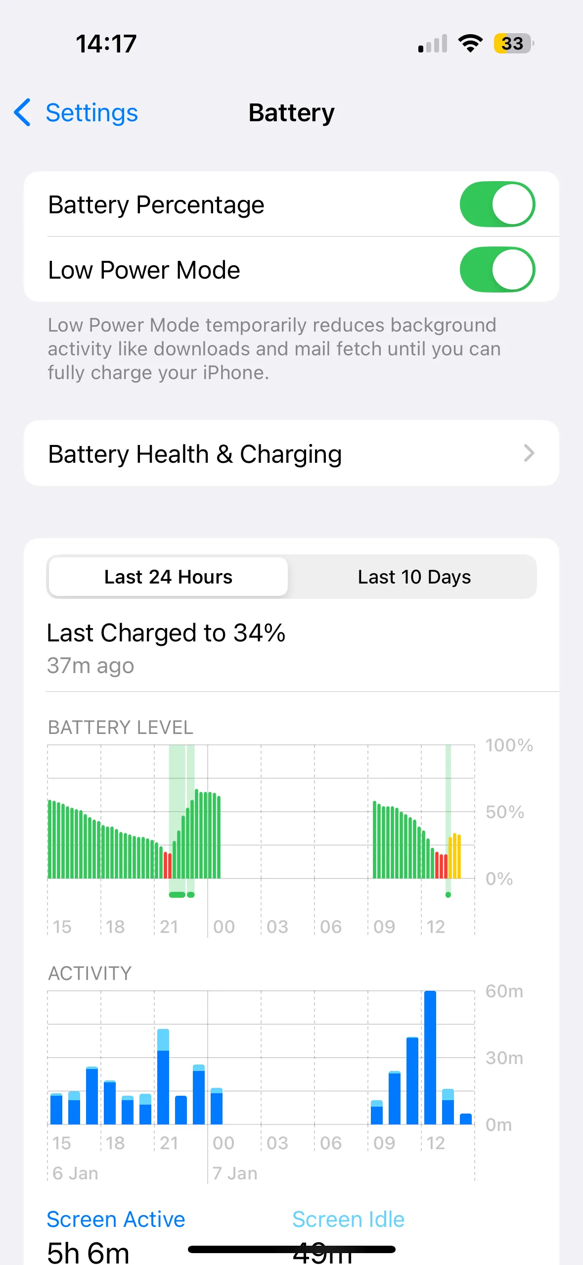 Màn hình cài đặt điện thoại iPhone hiển thị trạng thái pin và tùy chọn bật chế độ tiết kiệm pin (Low Power Mode).