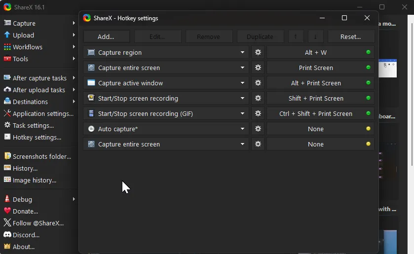 Màn hình cài đặt phím tắt (Hotkey settings) của ShareX trên Windows 11, cho phép người dùng tùy chỉnh các phím tắt chụp màn hình giống như trên macOS.