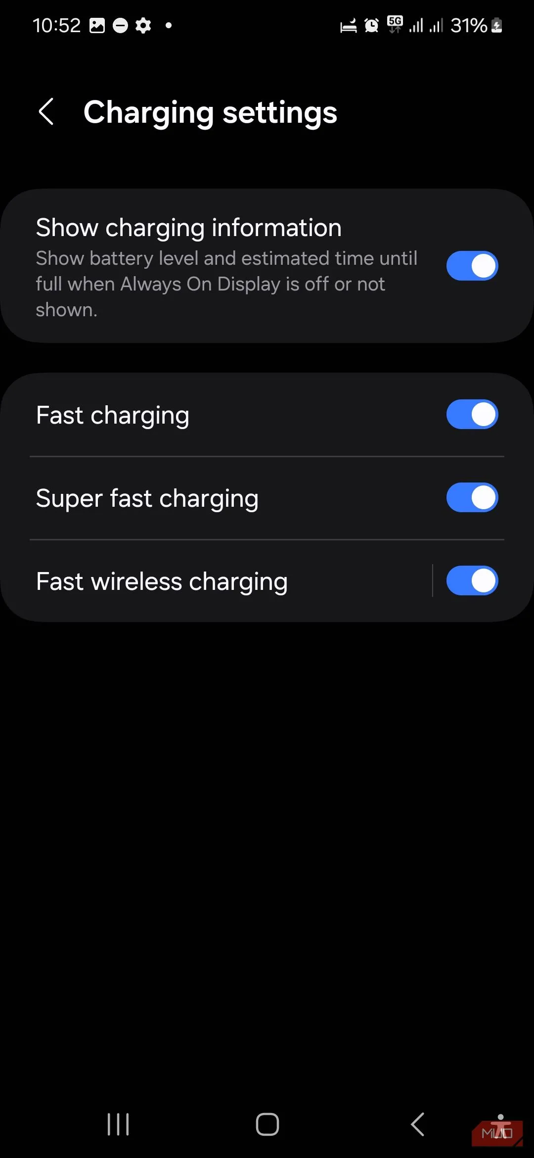 Màn hình cài đặt Sạc nhanh và Sạc siêu nhanh trong phần Chăm sóc thiết bị trên Samsung Galaxy