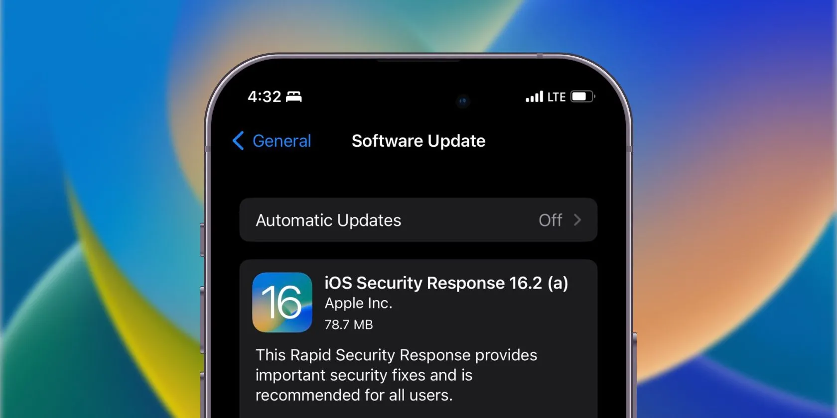 Màn hình cài đặt tính năng Rapid Security Response trên iPhone, cho phép bật cập nhật bảo mật nhanh chóng