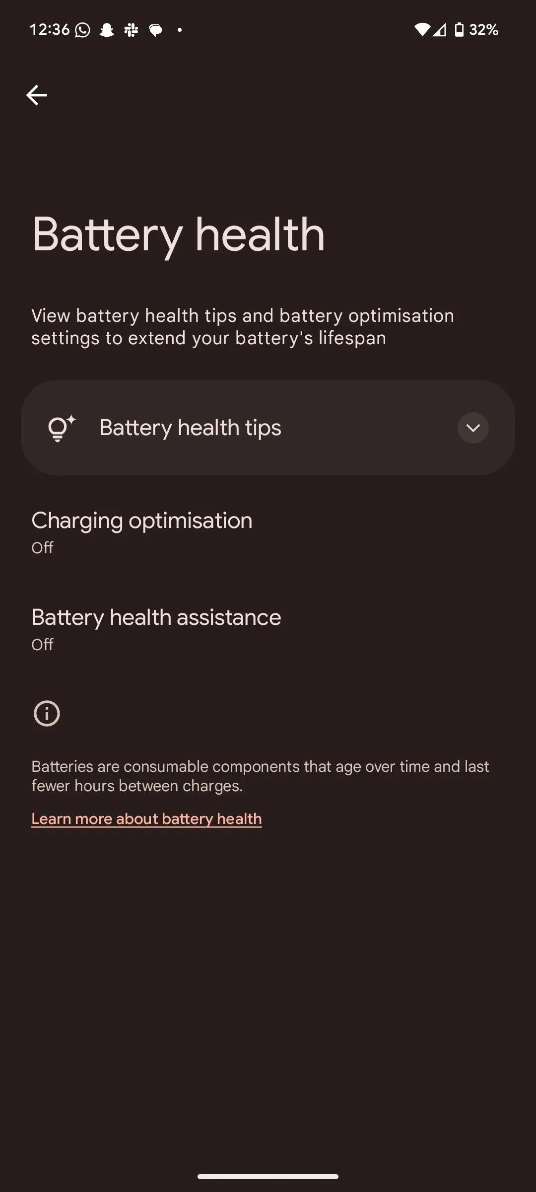 Màn hình cài đặt Tình trạng pin (Battery health) trên thiết bị chạy Android 16