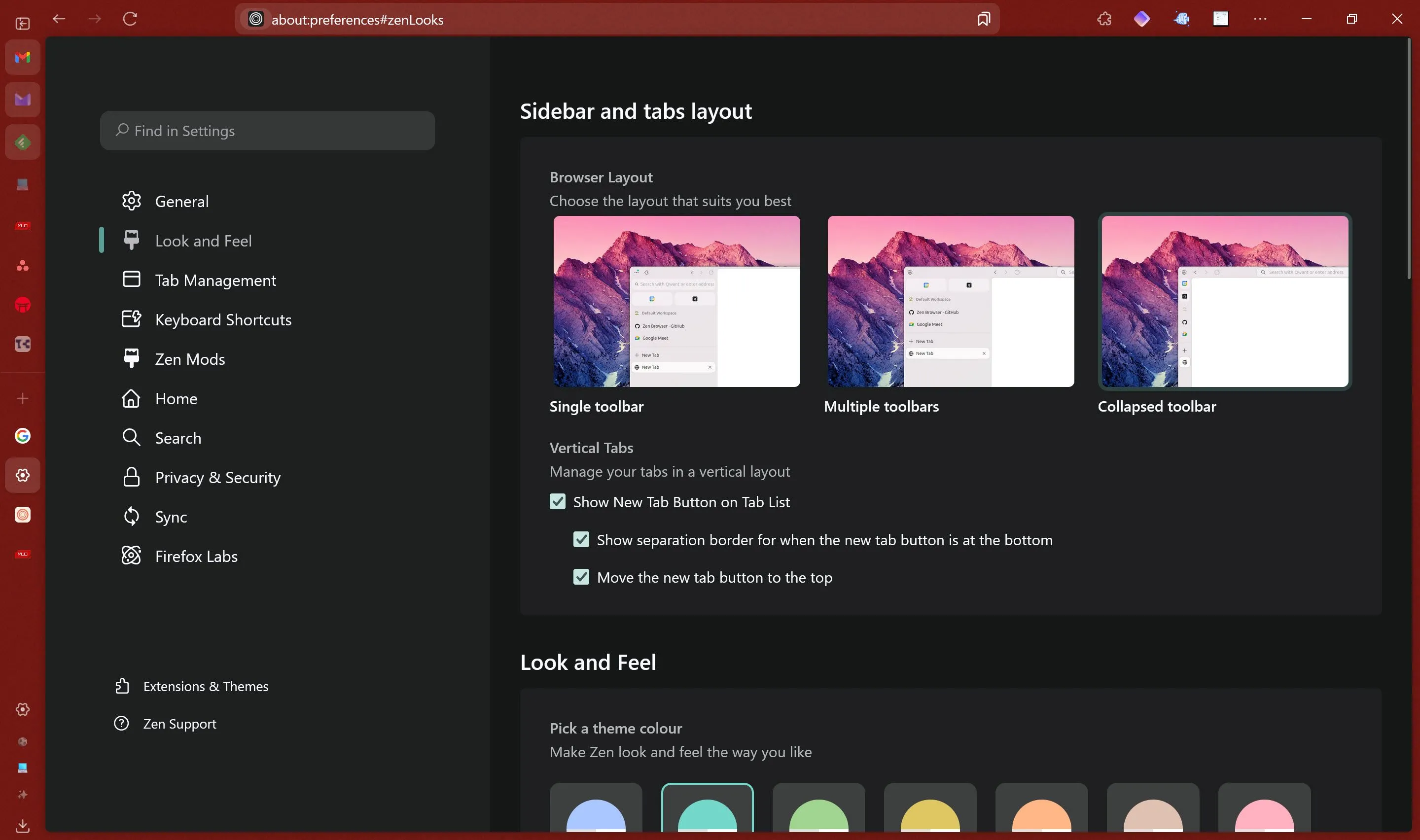 Màn hình cài đặt tùy chỉnh của Zen Browser, cho phép người dùng cá nhân hóa sâu rộng