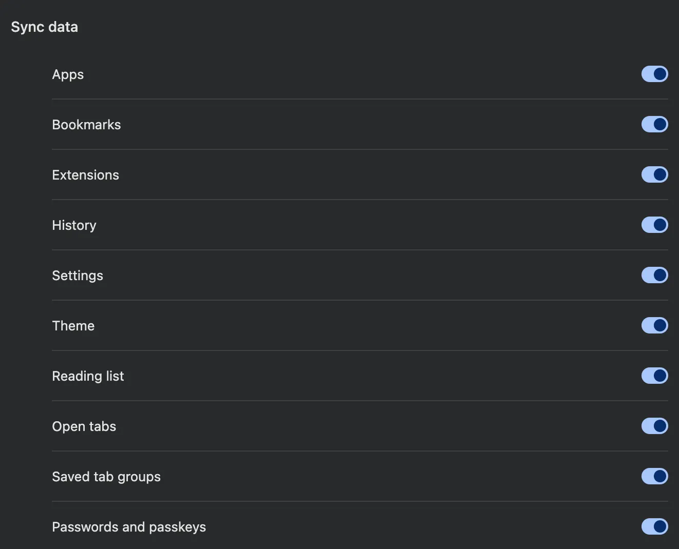 Màn hình cài đặt tùy chỉnh đồng bộ hóa dữ liệu trên trình duyệt Google Chrome