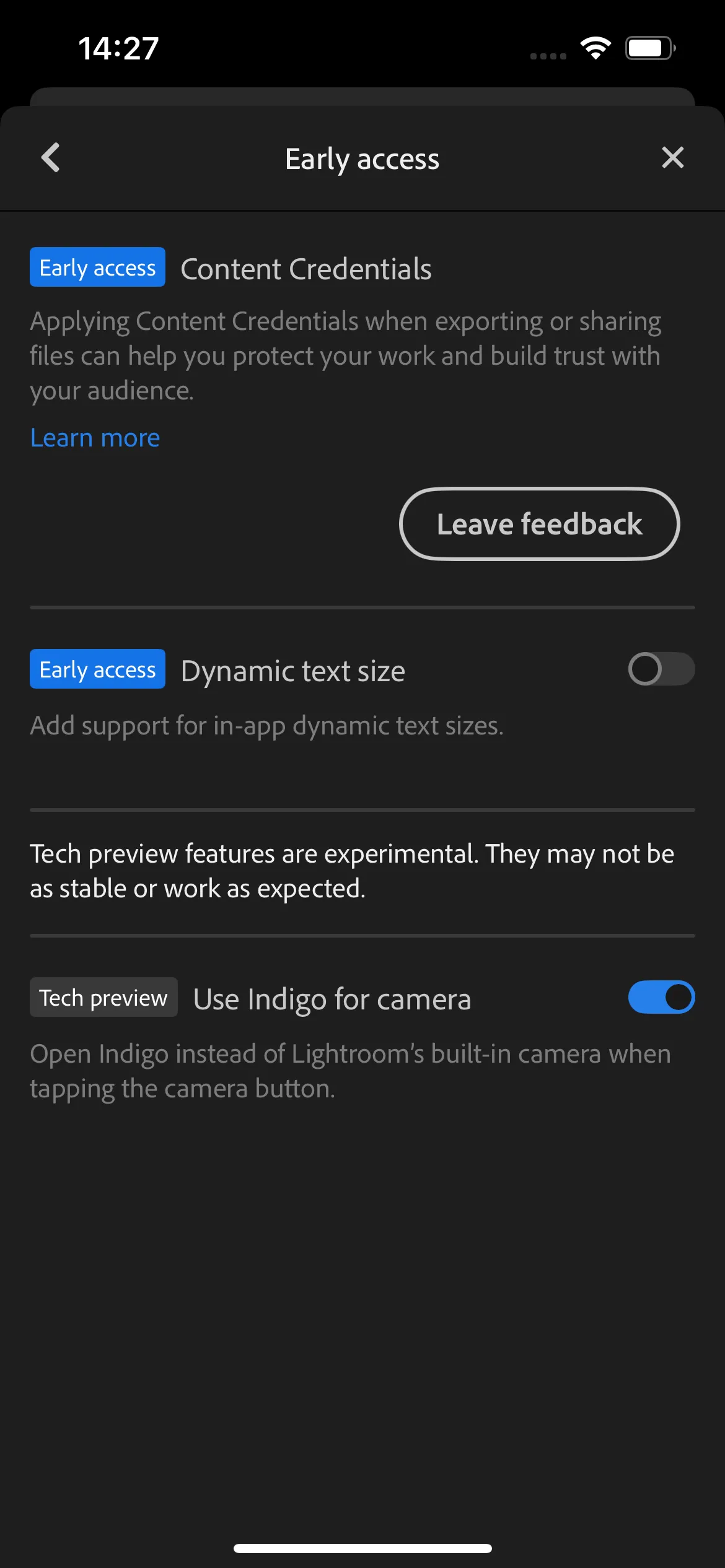 Màn hình cài đặt ứng dụng Lightroom Mobile hiển thị tùy chọn tích hợp Project Indigo