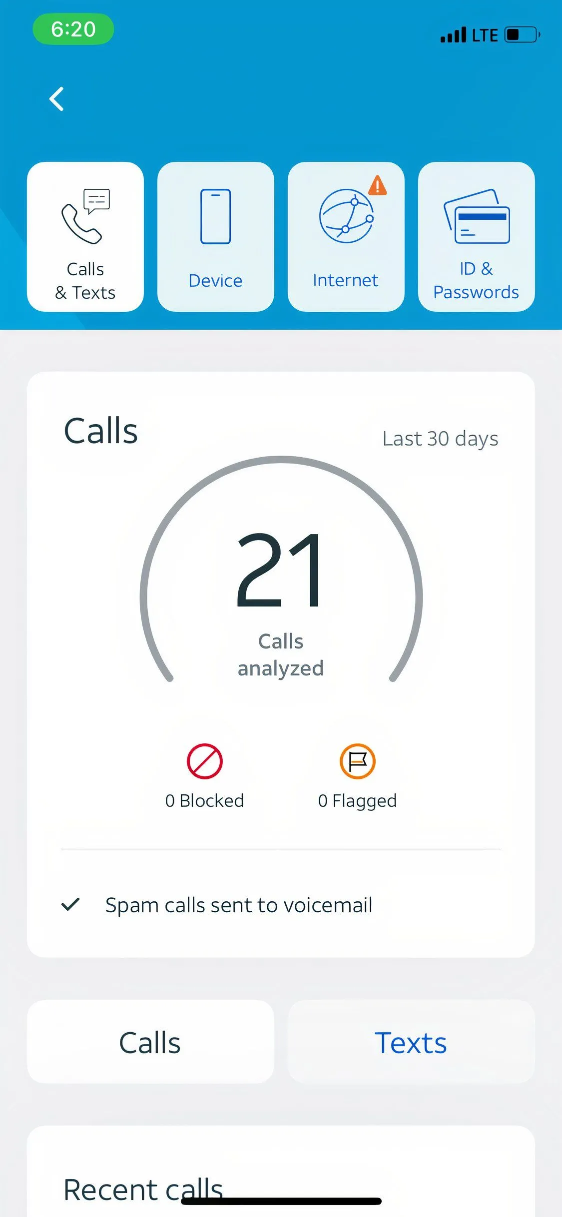 Màn hình Call Protect của ứng dụng AT&amp;T ActiveArmor hiển thị tính năng bảo vệ khỏi cuộc gọi spam và lừa đảo