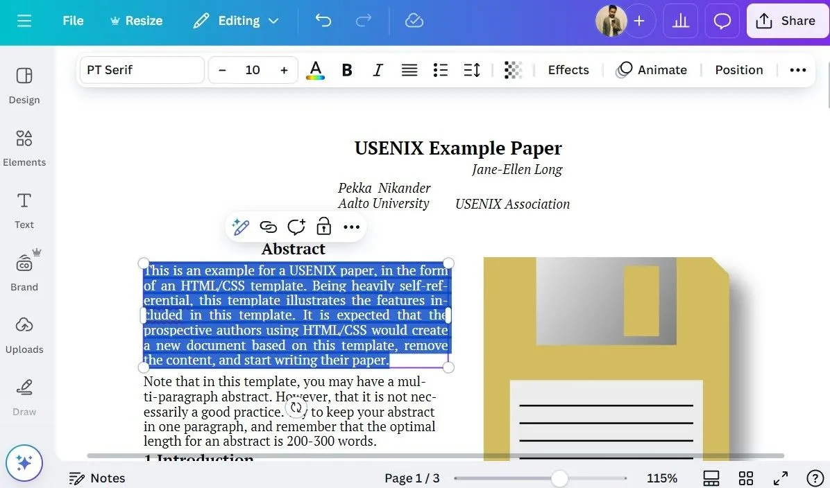 Màn hình Canva đang hiển thị một file PDF được tải lên, với các công cụ chỉnh sửa văn bản và hình ảnh, minh họa khả năng chỉnh sửa PDF.