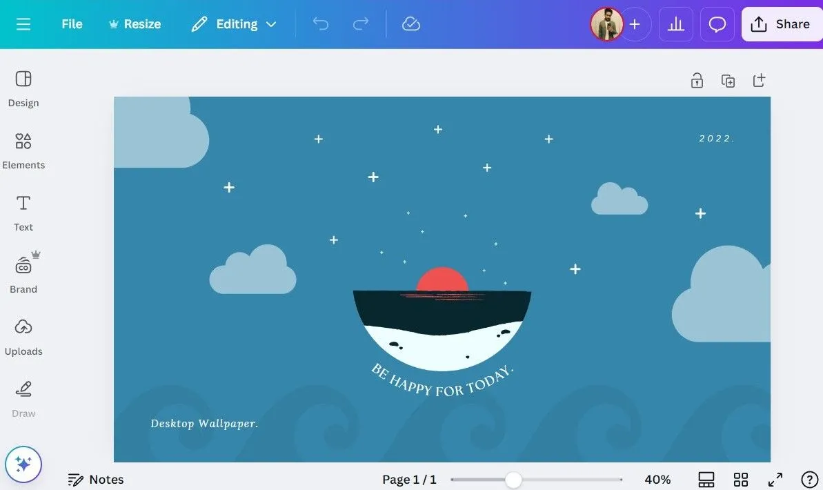 Màn hình Canva hiển thị quá trình thiết kế hình nền tùy chỉnh cho desktop hoặc điện thoại, sử dụng các công cụ đồ họa của Canva.