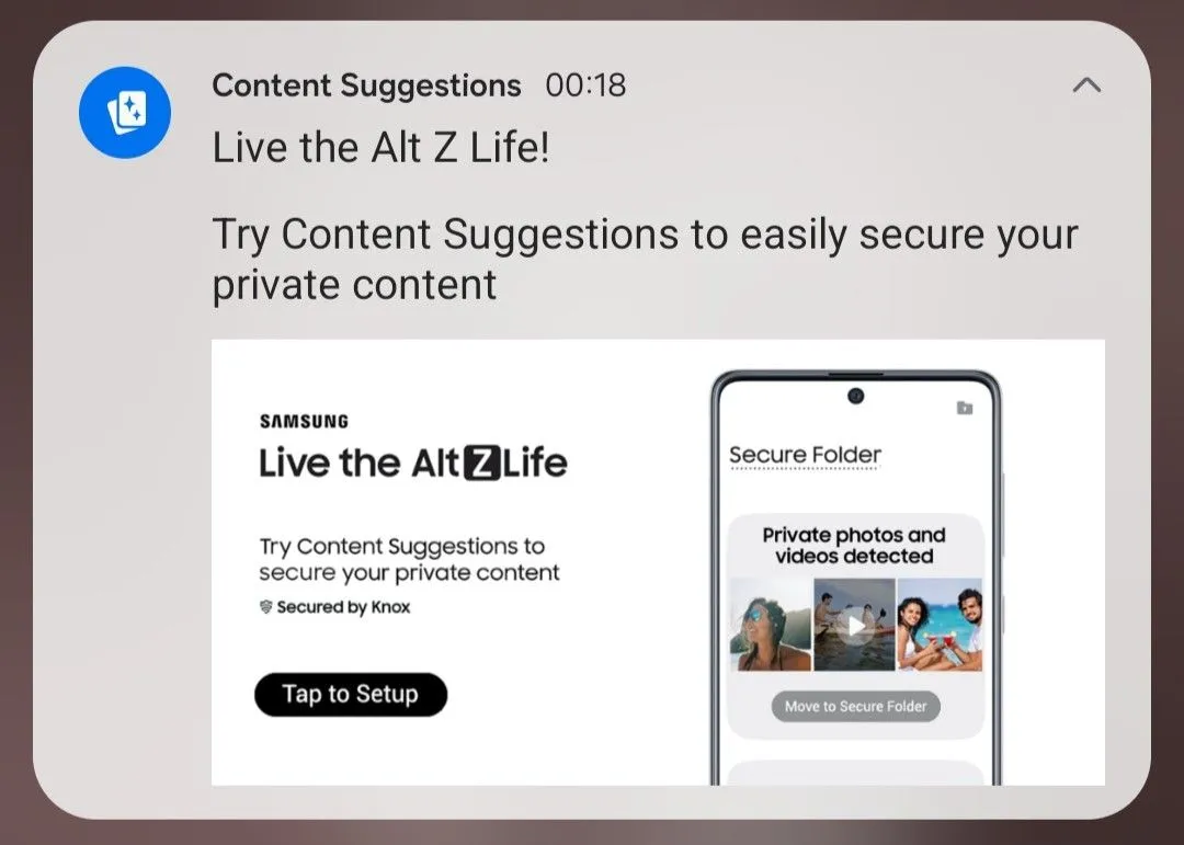 Màn hình cấu hình Content Suggestions trong Thư mục Bảo mật của Samsung, hỏi người dùng chọn loại nội dung riêng tư để xác định.