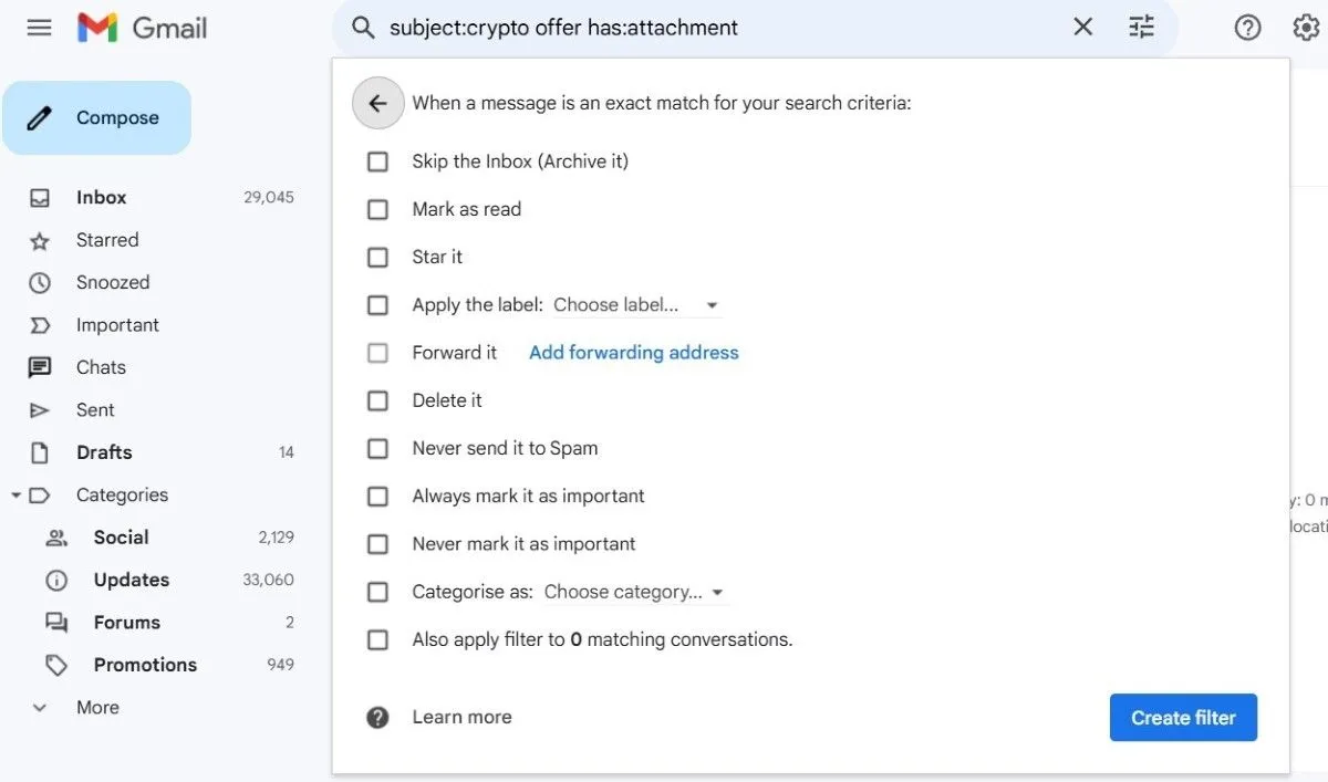 Màn hình cấu hình hành động cho bộ lọc Gmail, bao gồm tùy chọn đánh dấu đã đọc, lưu trữ và áp dụng cho các email hiện có.