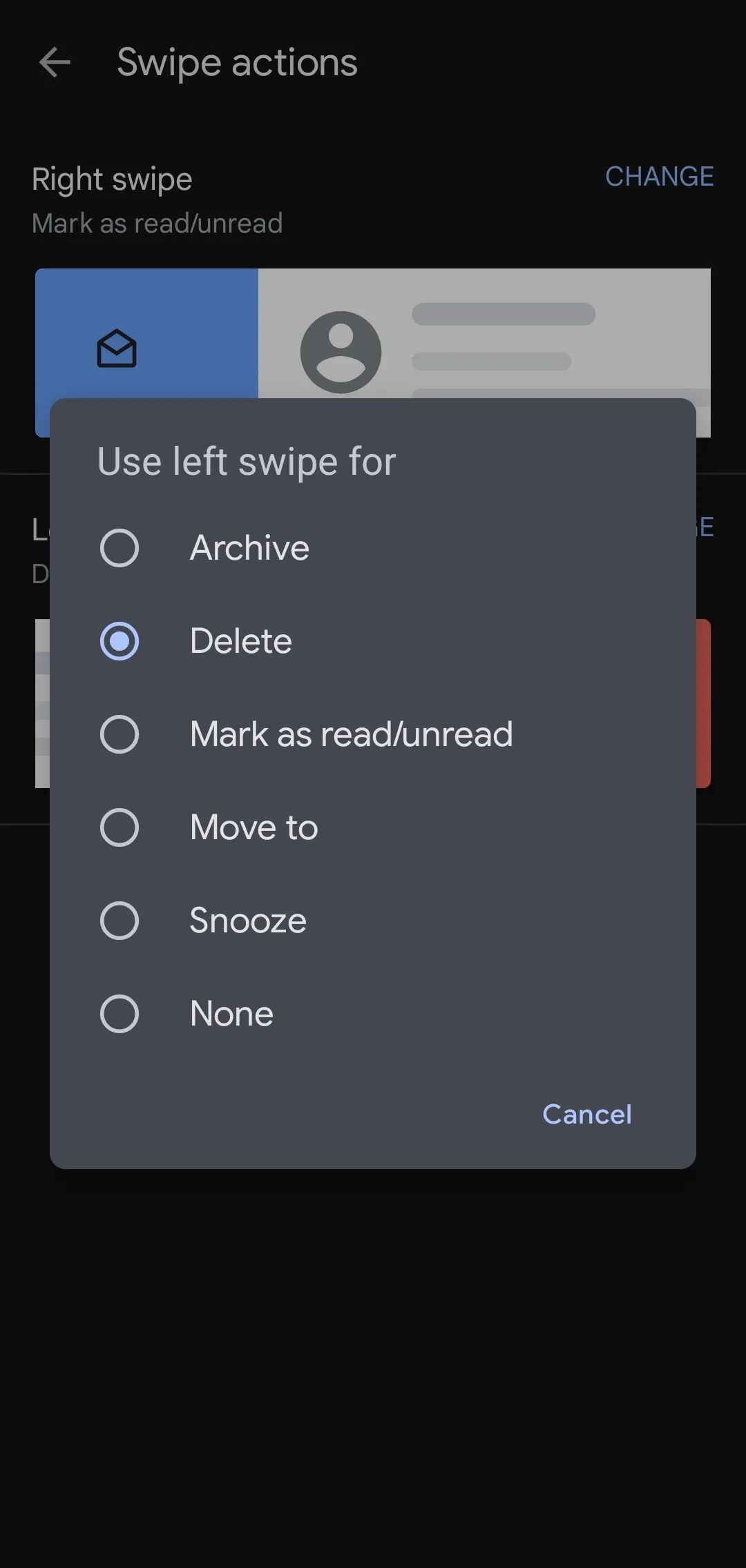Màn hình cấu hình hành động vuốt (Swipe actions) trong Gmail cho phép chọn chức năng cho vuốt trái và vuốt phải.