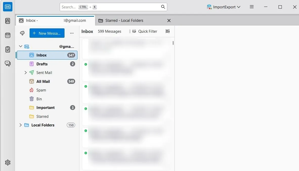 Màn hình cấu hình tài khoản email trong Thunderbird hiển thị các thiết lập IMAP, cùng với tab Gmail và Local Folders đã nhập.