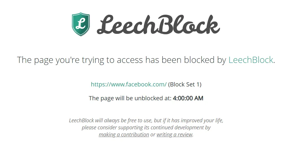 Màn hình chặn của LeechBlock trong Google Chrome
