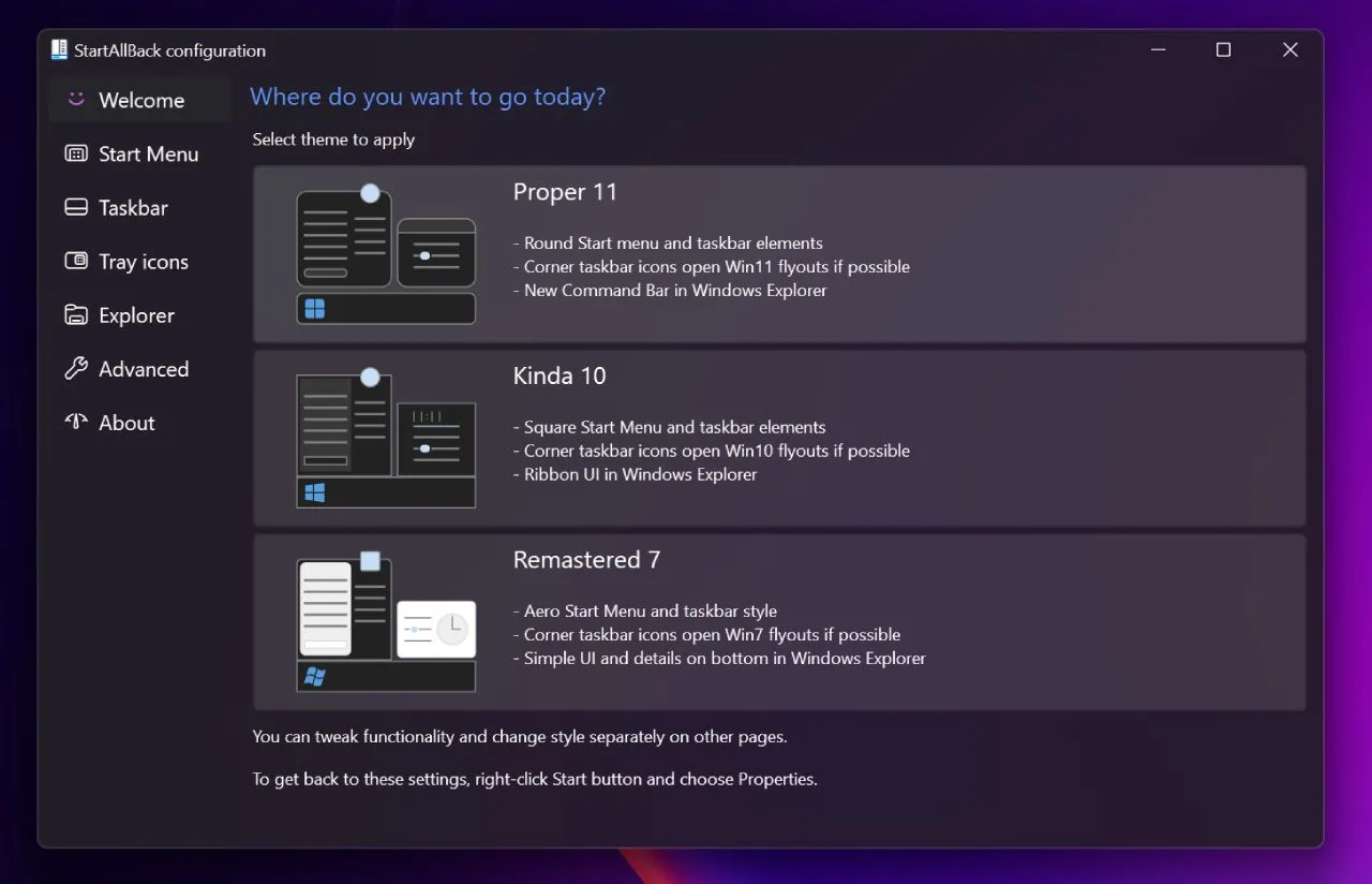 Màn hình chào mừng và tùy chọn cài đặt ban đầu của ứng dụng Startallback trên Windows 11