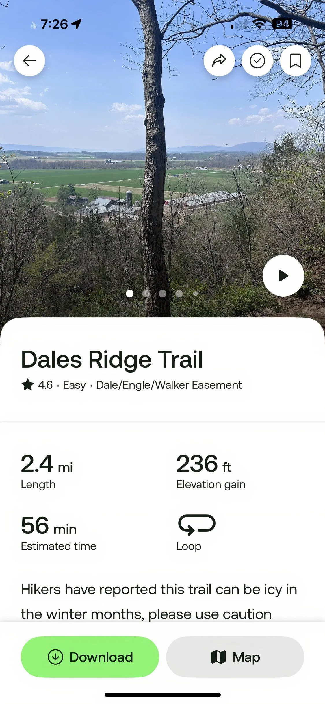 Màn hình chi tiết lộ trình trên ứng dụng AllTrails dành cho iPhone