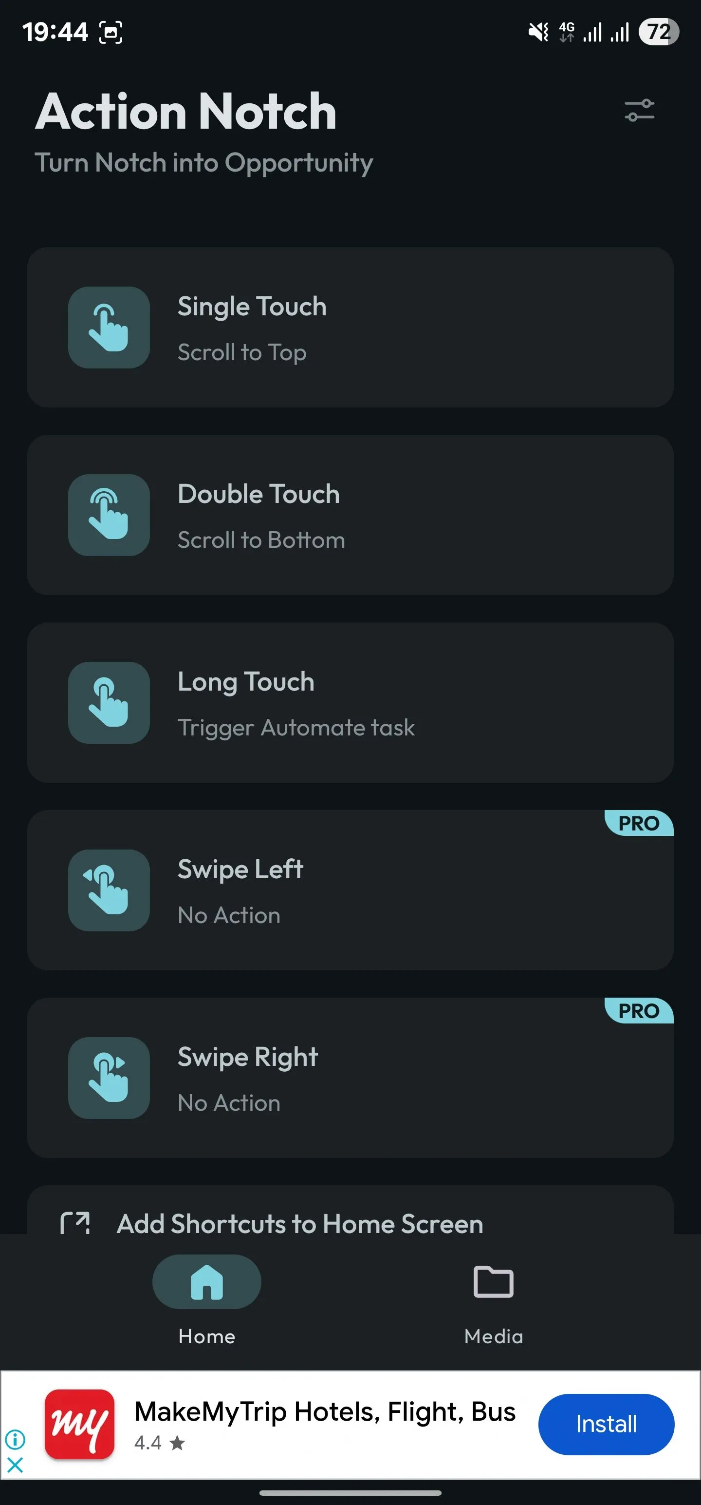 Màn hình chính Action Notch với biểu tượng cài đặt và menu tùy chỉnh trải nghiệm