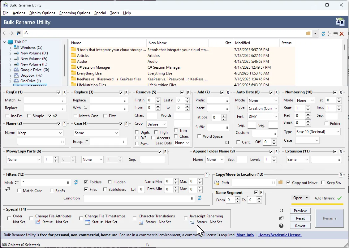 Màn hình chính của công cụ Bulk Rename Utility hiển thị các tùy chọn đổi tên hàng loạt