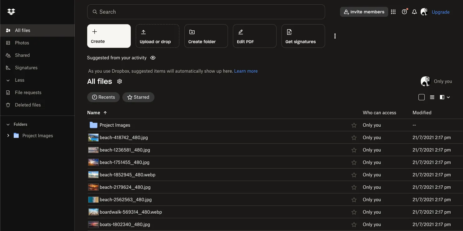 Màn hình chính của Dropbox Vault, nơi lưu trữ an toàn các tệp tin quan trọng của người dùng
