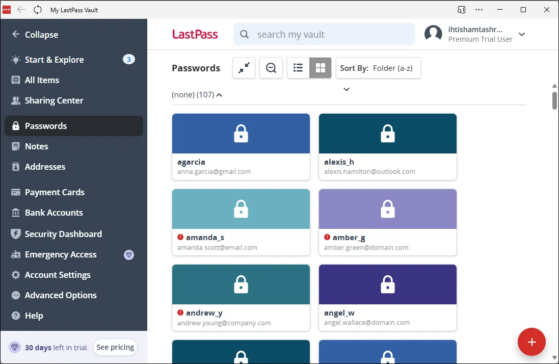Màn hình chính của LastPass, minh họa các tính năng quản lý mật khẩu và bảo mật