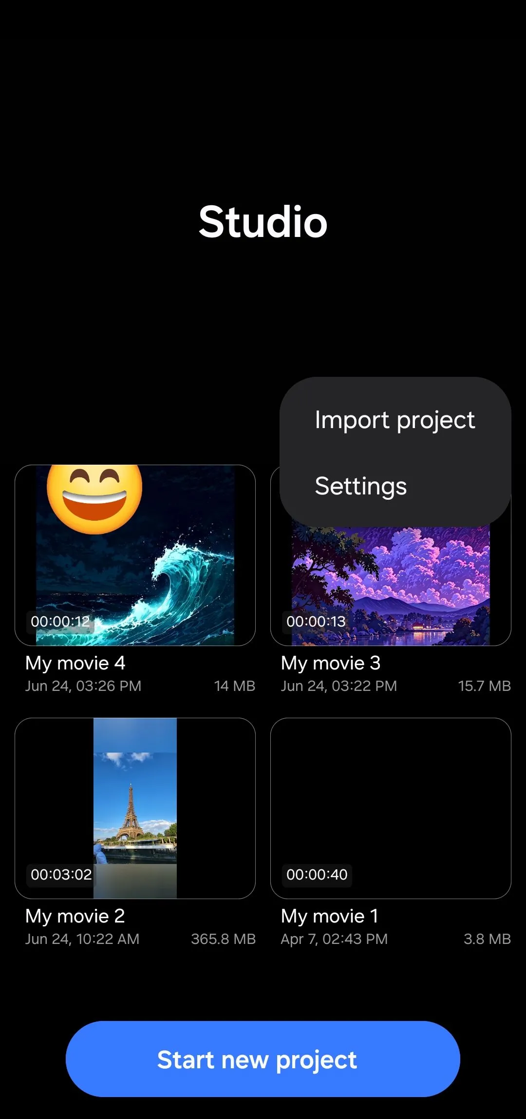 Màn hình chính của Samsung Studio trên điện thoại Galaxy, hiển thị các dự án video.