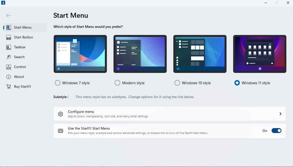 Màn hình chính của Start11 hiển thị menu Start tùy chỉnh theo phong cách hiện đại trên Windows 11.