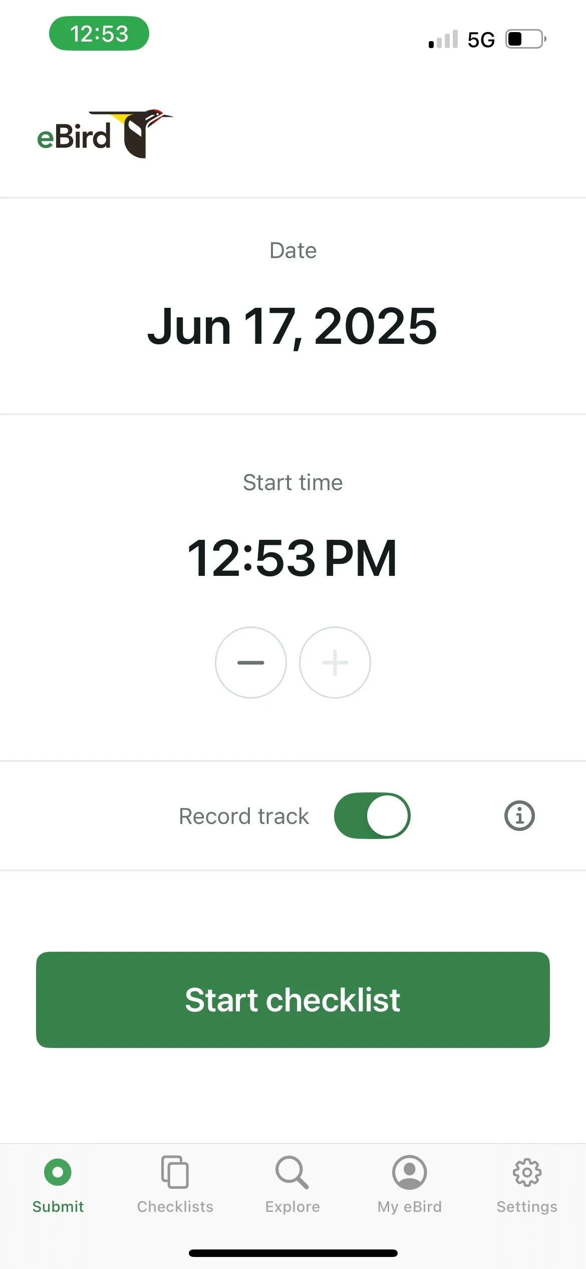 Màn hình chính của ứng dụng eBird