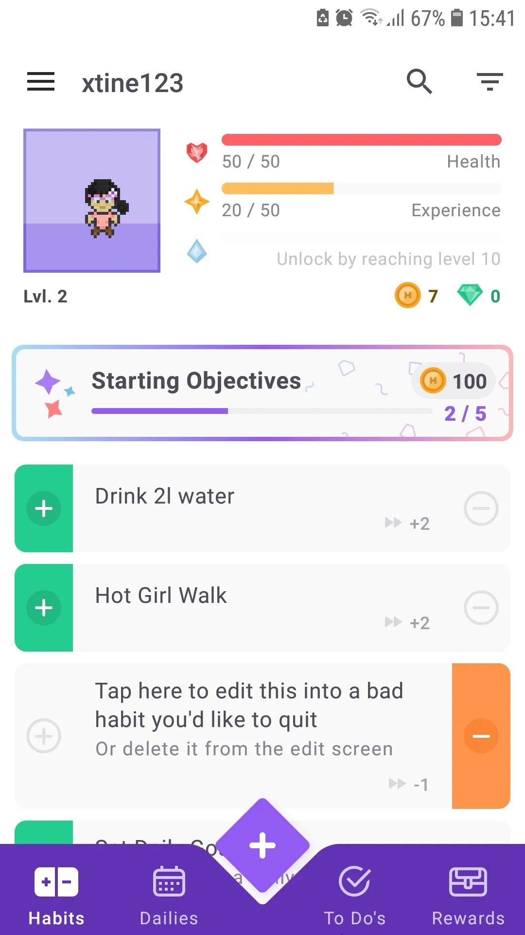 Màn hình chính của ứng dụng Habitica, hiển thị giao diện gamified giúp theo dõi thói quen và tăng năng suất.
