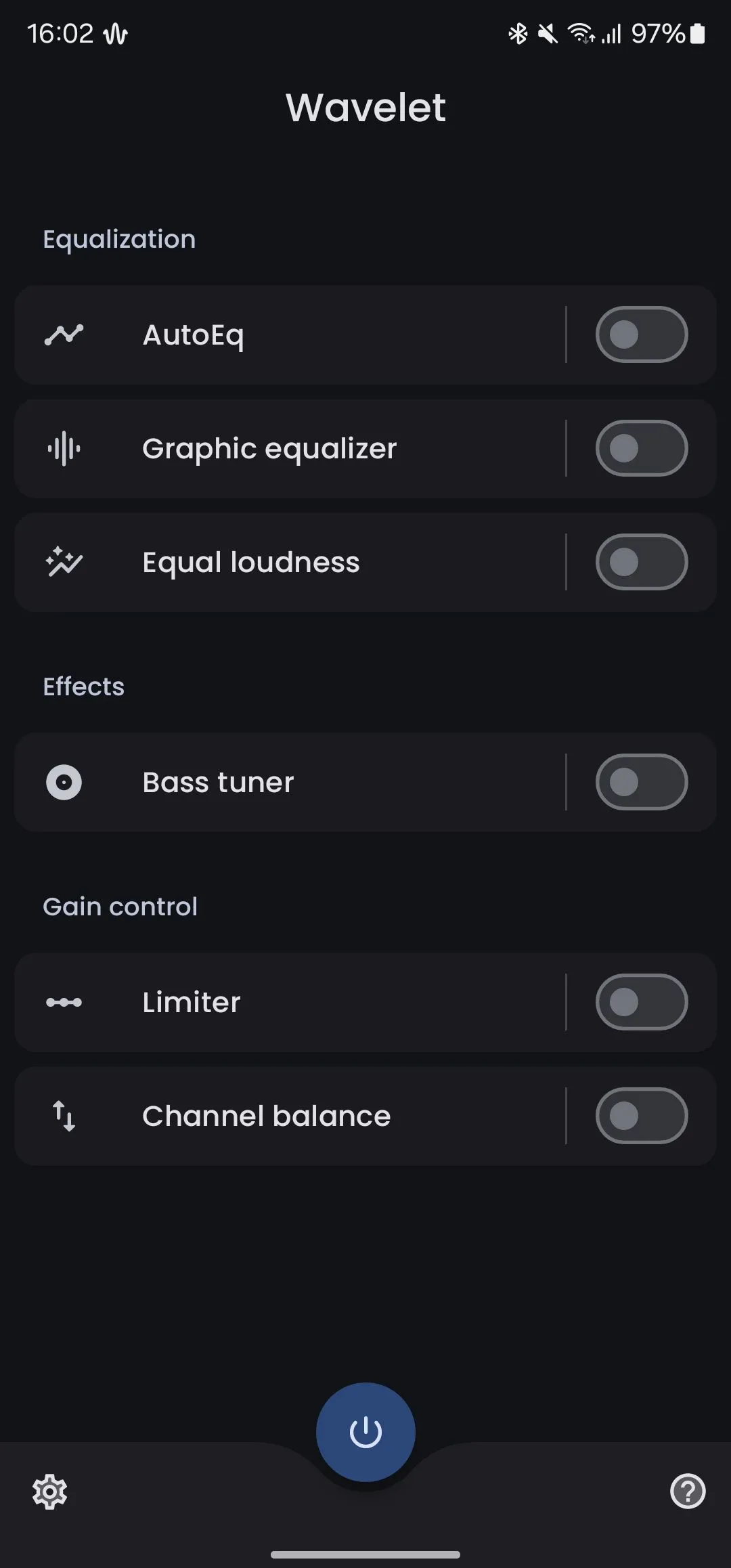 Màn hình chính của Wavelet, ứng dụng cân bằng âm thanh hiệu quả cho điện thoại Android.
