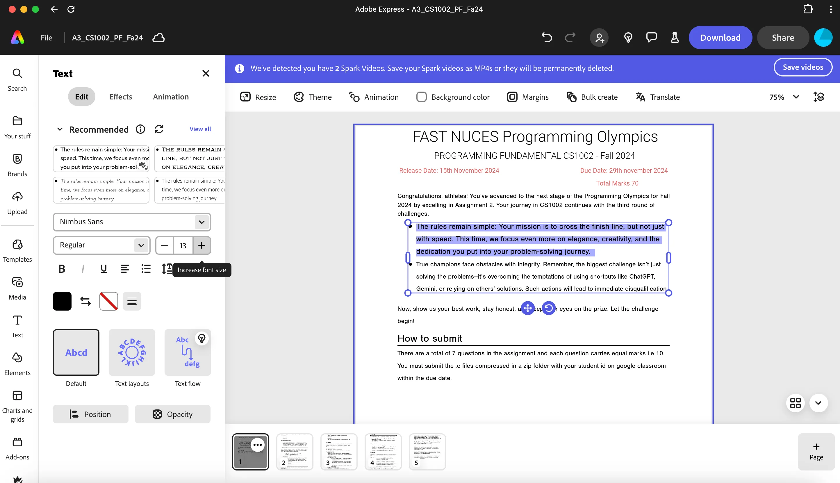 Màn hình chỉnh sửa PDF trực tiếp trong Adobe Express, cho phép người dùng thay đổi văn bản, hình ảnh và định dạng của tệp PDF một cách dễ dàng.