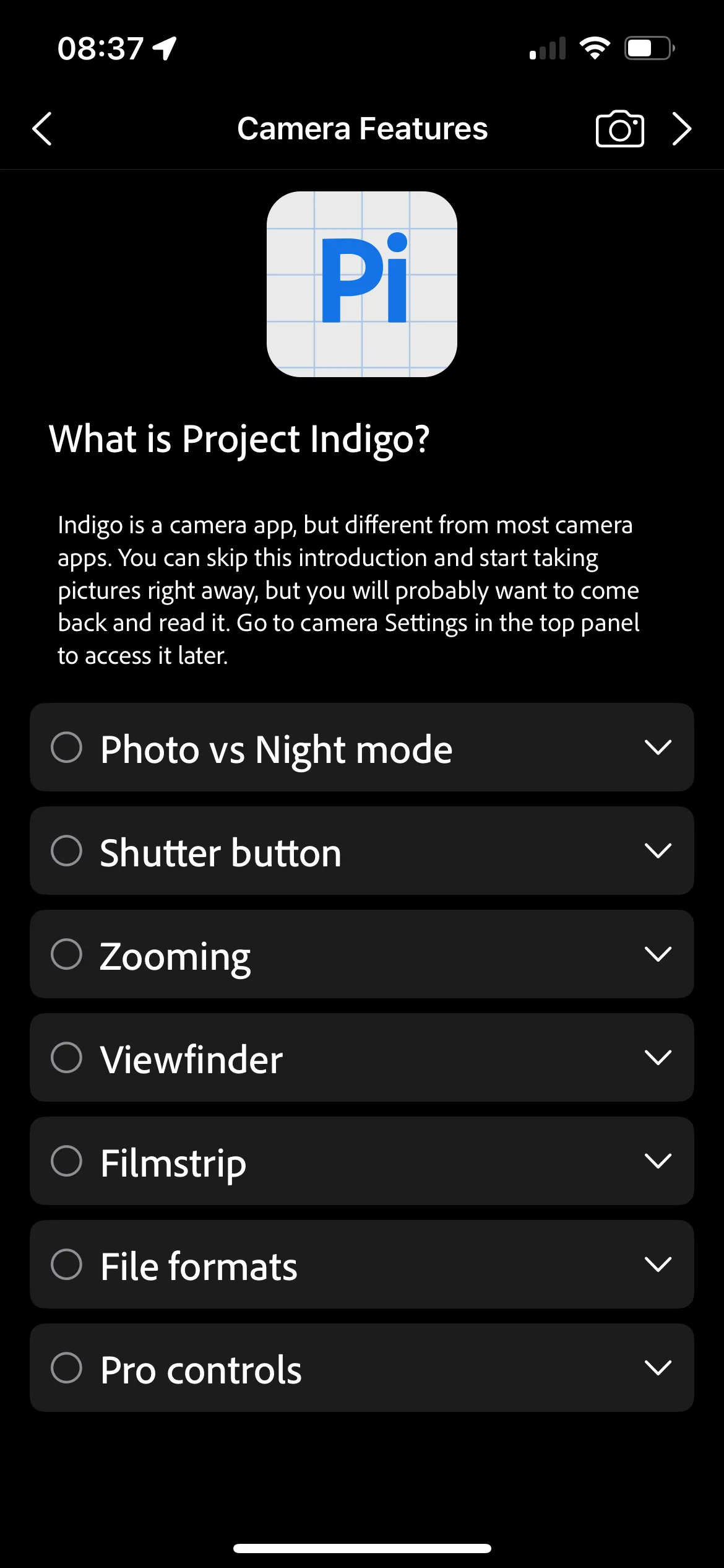 Màn hình chính ứng dụng Adobe Project Indigo với các ảnh đã chụp