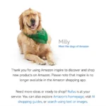 Màn hình chuyển hướng của Amazon Inspire với chó Milly báo ngừng hoạt động