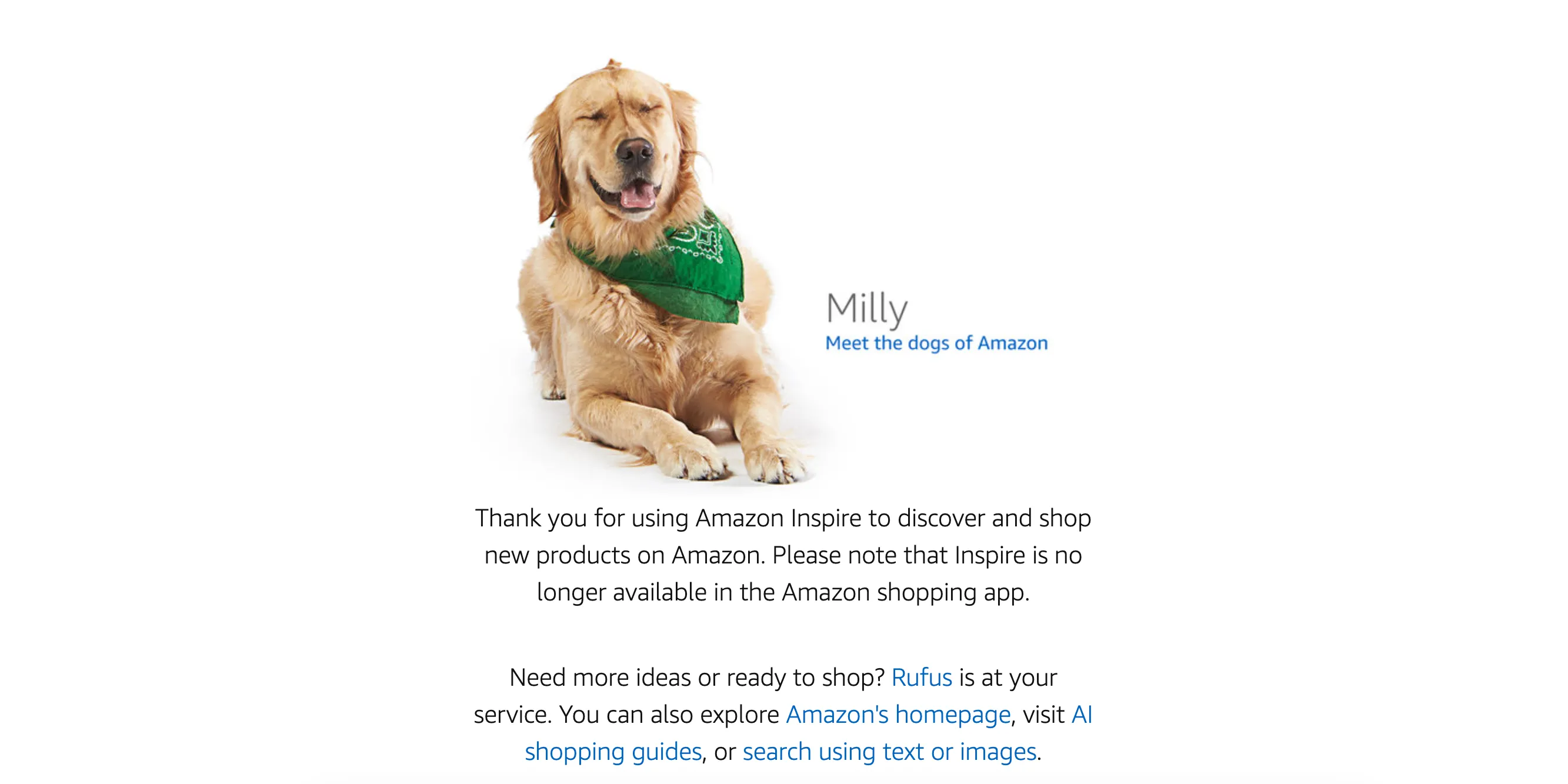 Màn hình chuyển hướng của Amazon Inspire với chó Milly báo ngừng hoạt động