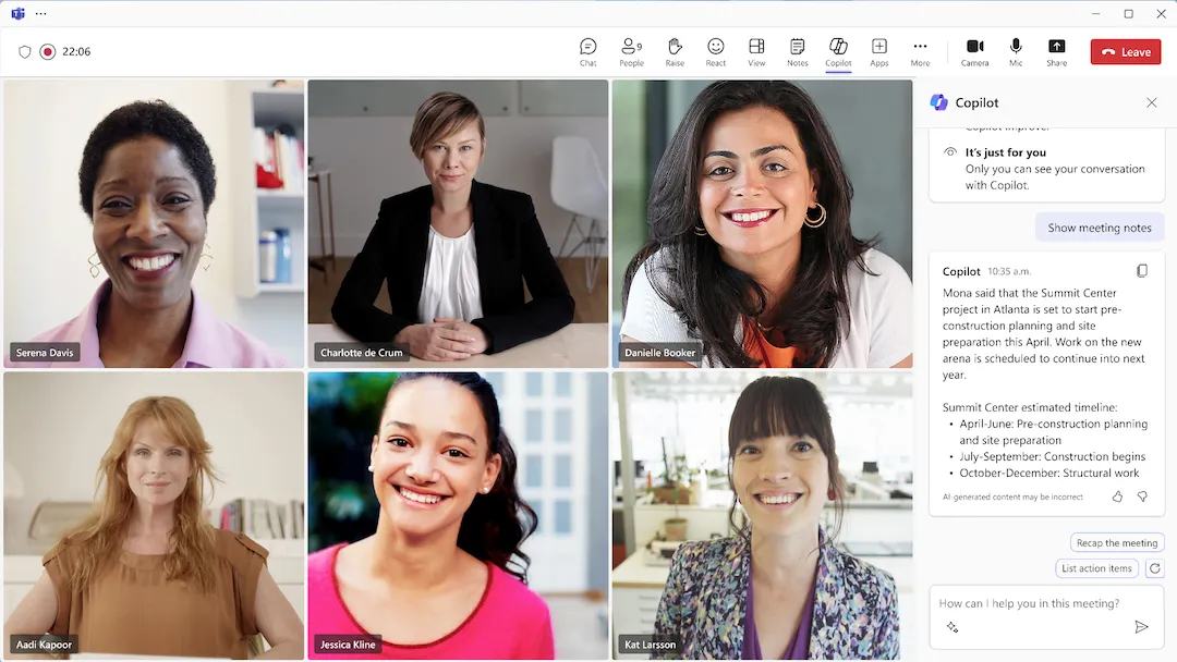 Màn hình cuộc gọi Microsoft Teams hiển thị thanh công cụ Copilot với các tính năng hỗ trợ AI cho cuộc họp