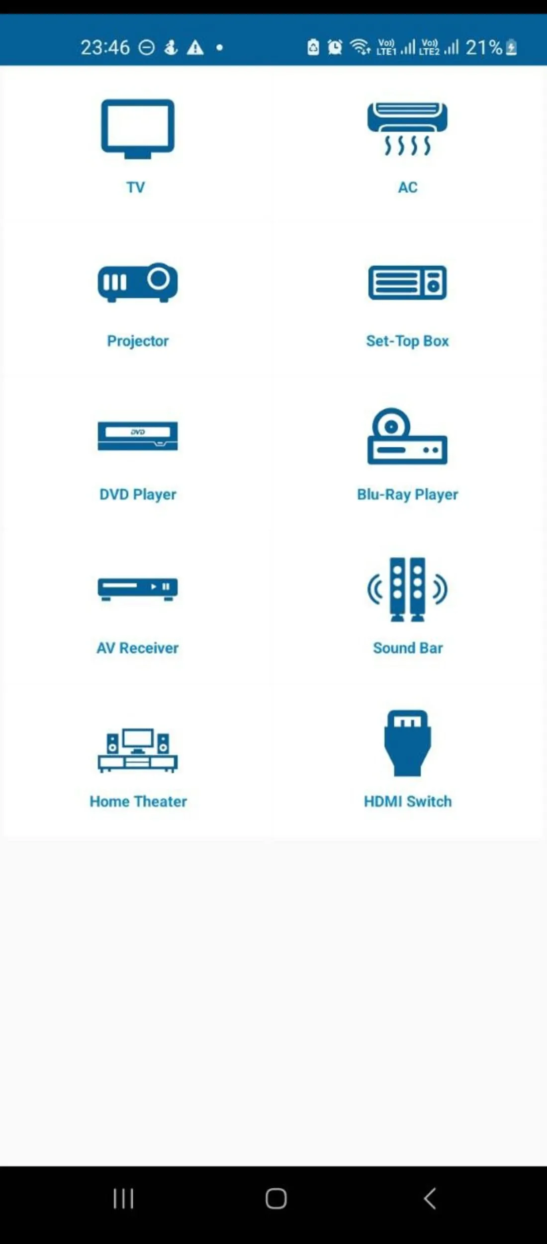 Màn hình danh sách các loại thiết bị mà ứng dụng Lean Remote hỗ trợ điều khiển, bao gồm TV, Android TV Box, Roku, và các thiết bị gia dụng khác.