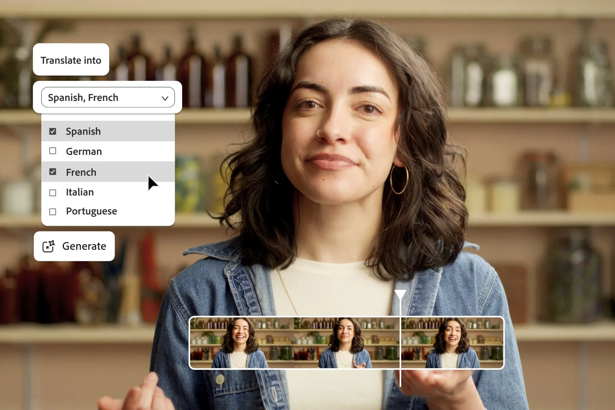 Màn hình dịch video của Adobe Firefly với hình ảnh người phụ phụ nữ đang nói và tùy chọn ngôn ngữ, thể hiện khả năng dịch thuật AI tiên tiến