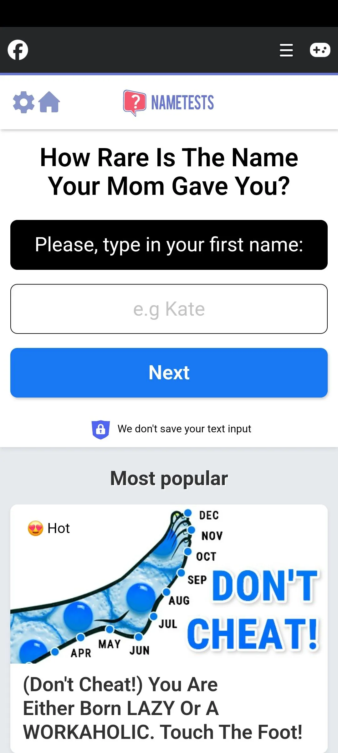 Màn hình điện thoại hiển thị bài kiểm tra vui &quot;Name Test&quot; trên Facebook, minh họa chiêu trò lừa đảo qua các quiz để lấy dữ liệu người dùng.