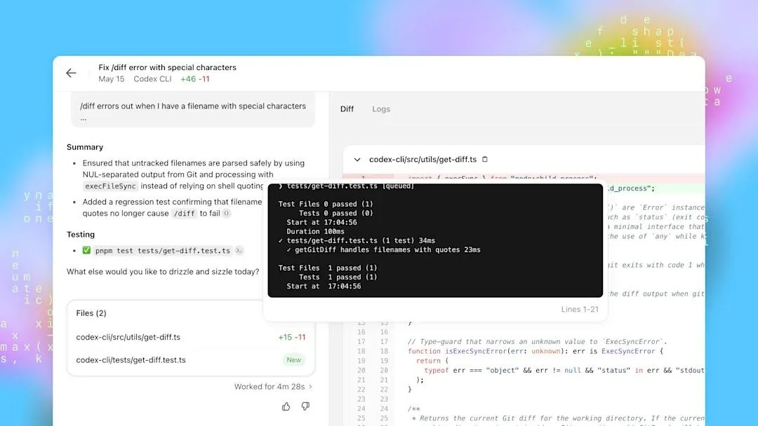 Màn hình giao diện ChatGPT Codex đang thực hiện chạy thử nghiệm code và kiểm tra lỗi