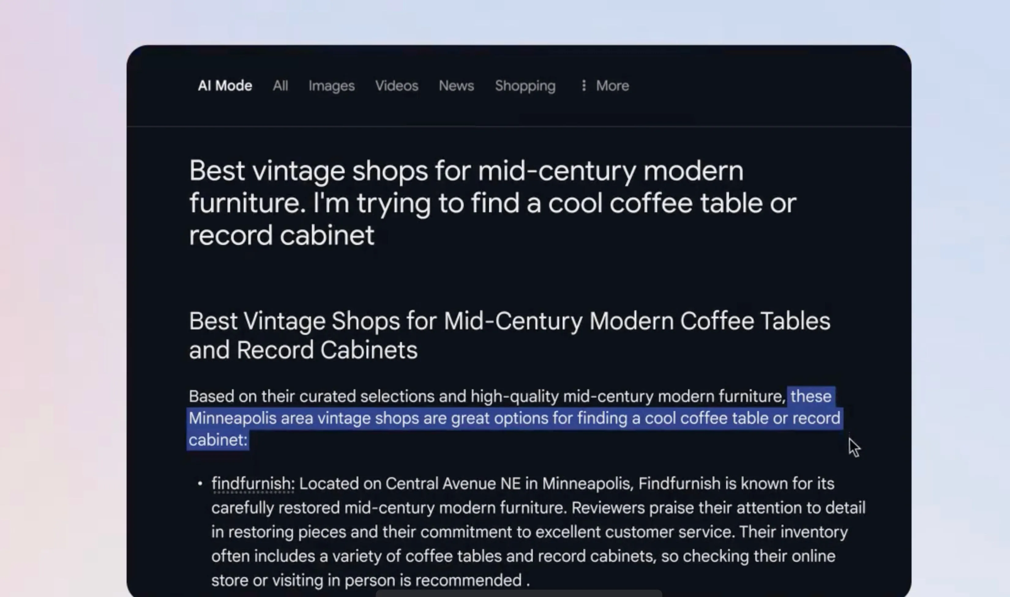 Màn hình giao diện chế độ tìm kiếm AI mới của Google, hiển thị kết quả chi tiết và có nguồn tham khảo.