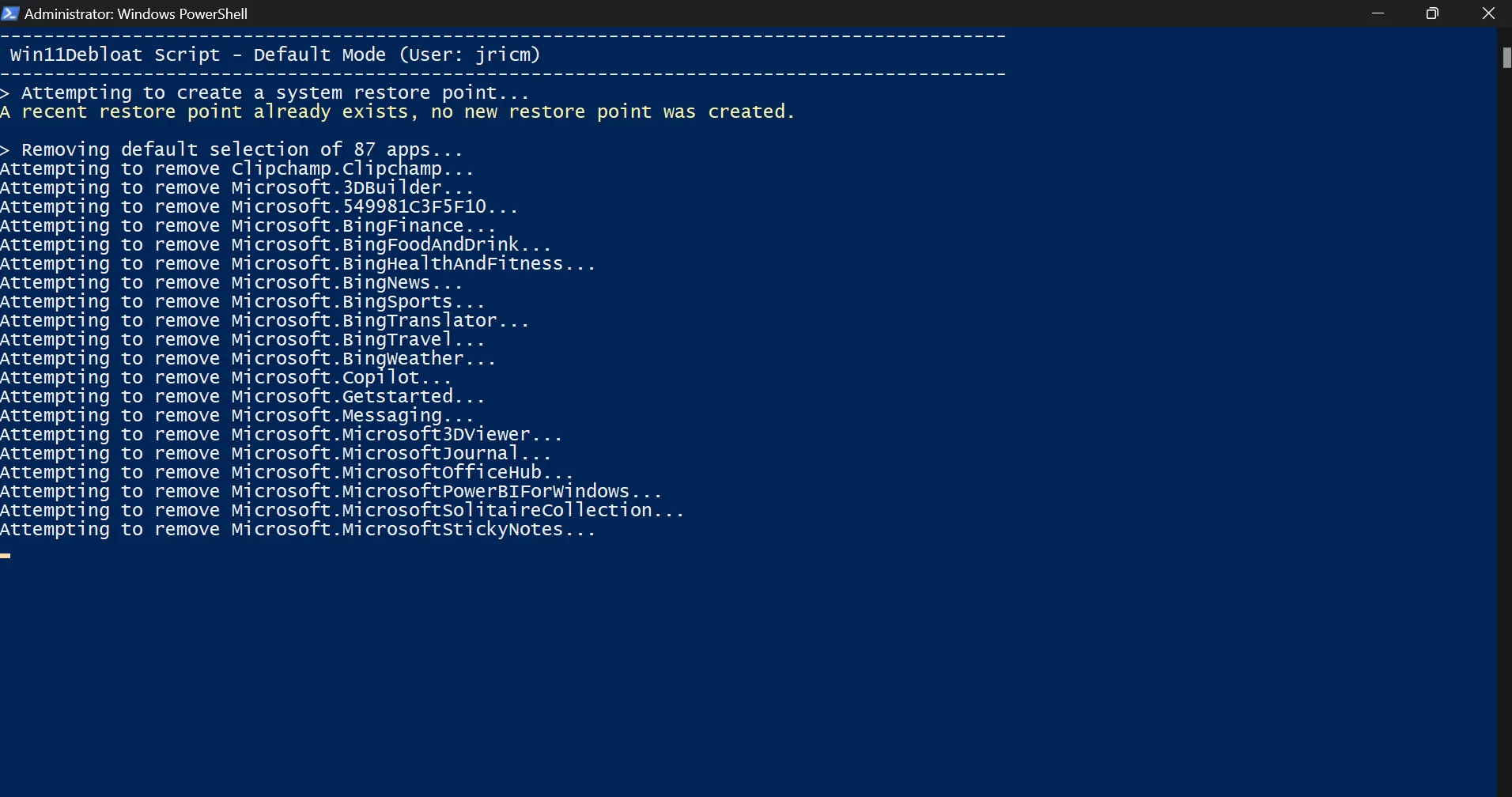 Màn hình giao diện dòng lệnh (Windows PowerShell hoặc Terminal) đang chạy script tự động để gỡ bloatware trên Windows