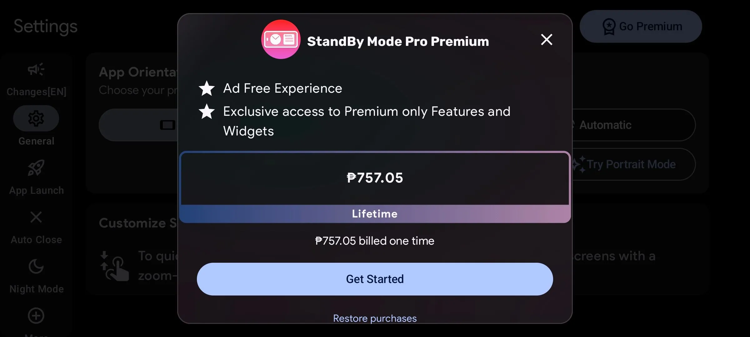 Màn hình giao diện gói nâng cấp Premium của ứng dụng StandBy Mode Pro, hiển thị lựa chọn mua trọn đời.