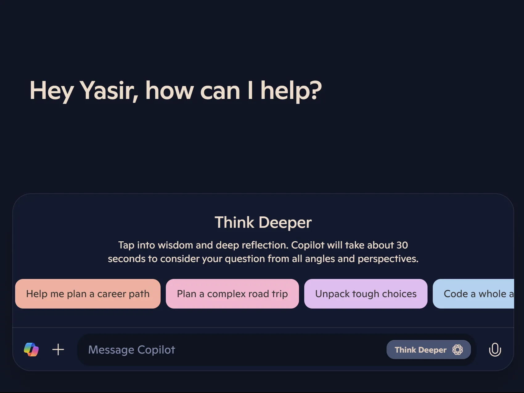 Màn hình giao diện Microsoft Copilot với chế độ Think Deeper đã được bật, hiển thị khả năng suy luận sâu hơn của mô hình AI miễn phí.