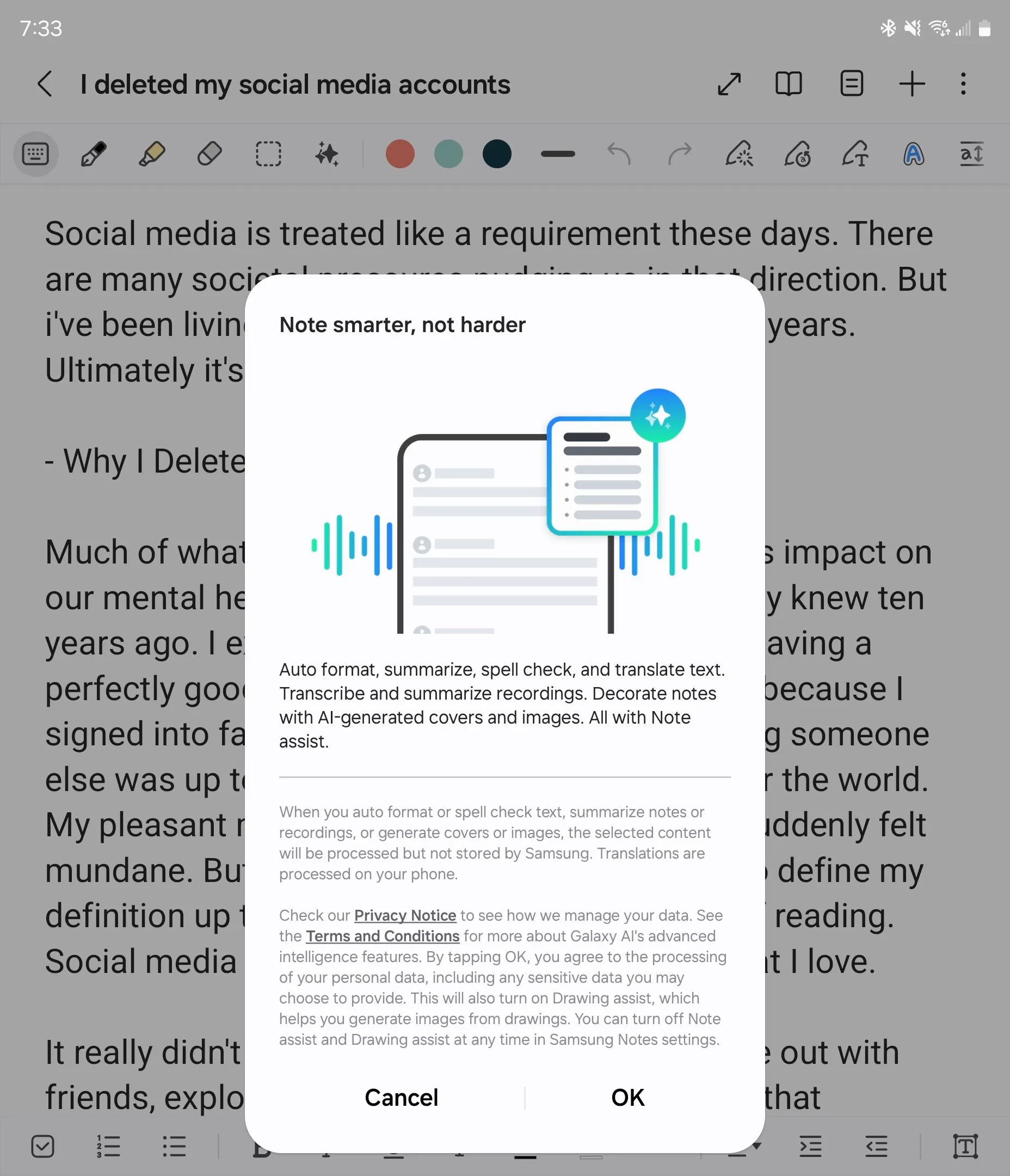 Màn hình giới thiệu tính năng Note Assist trong Samsung Notes