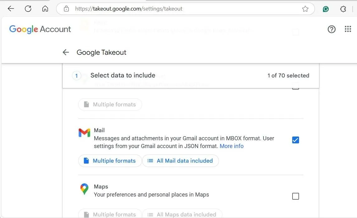 Màn hình Google Takeout hiển thị tùy chọn Mail đã được chọn để xuất dữ liệu Gmail.