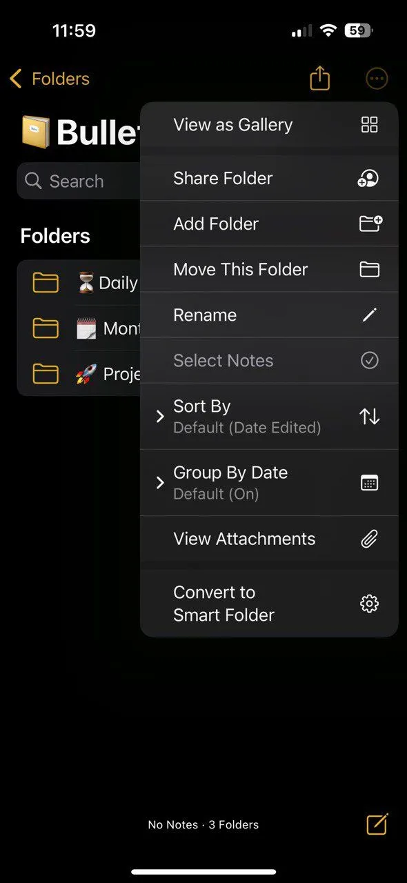 Màn hình hiển thị danh sách các thư mục ghi chú trong Apple Notes, bao gồm thư mục 'Bullet Journal' và các thư mục con