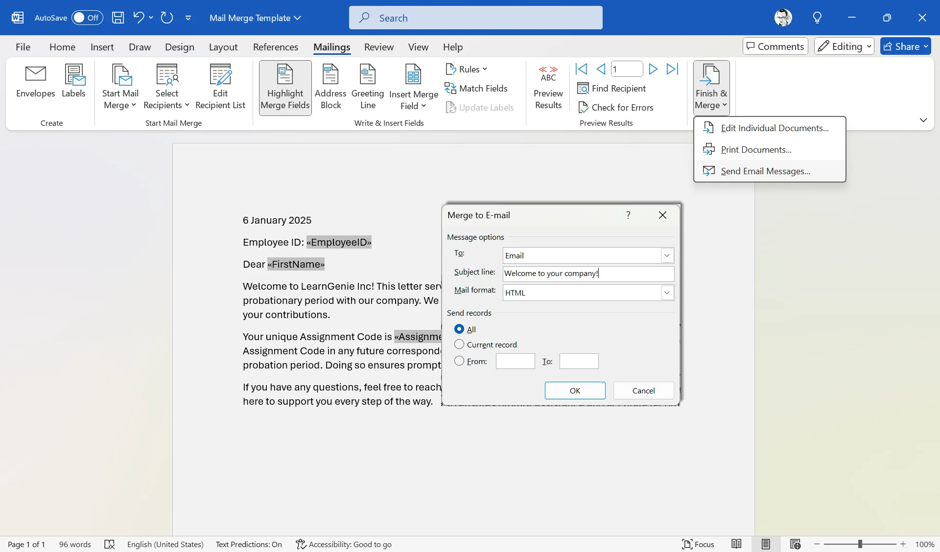 Màn hình hoàn tất quá trình trộn thư Mail Merge trong Word để gửi email qua Outlook