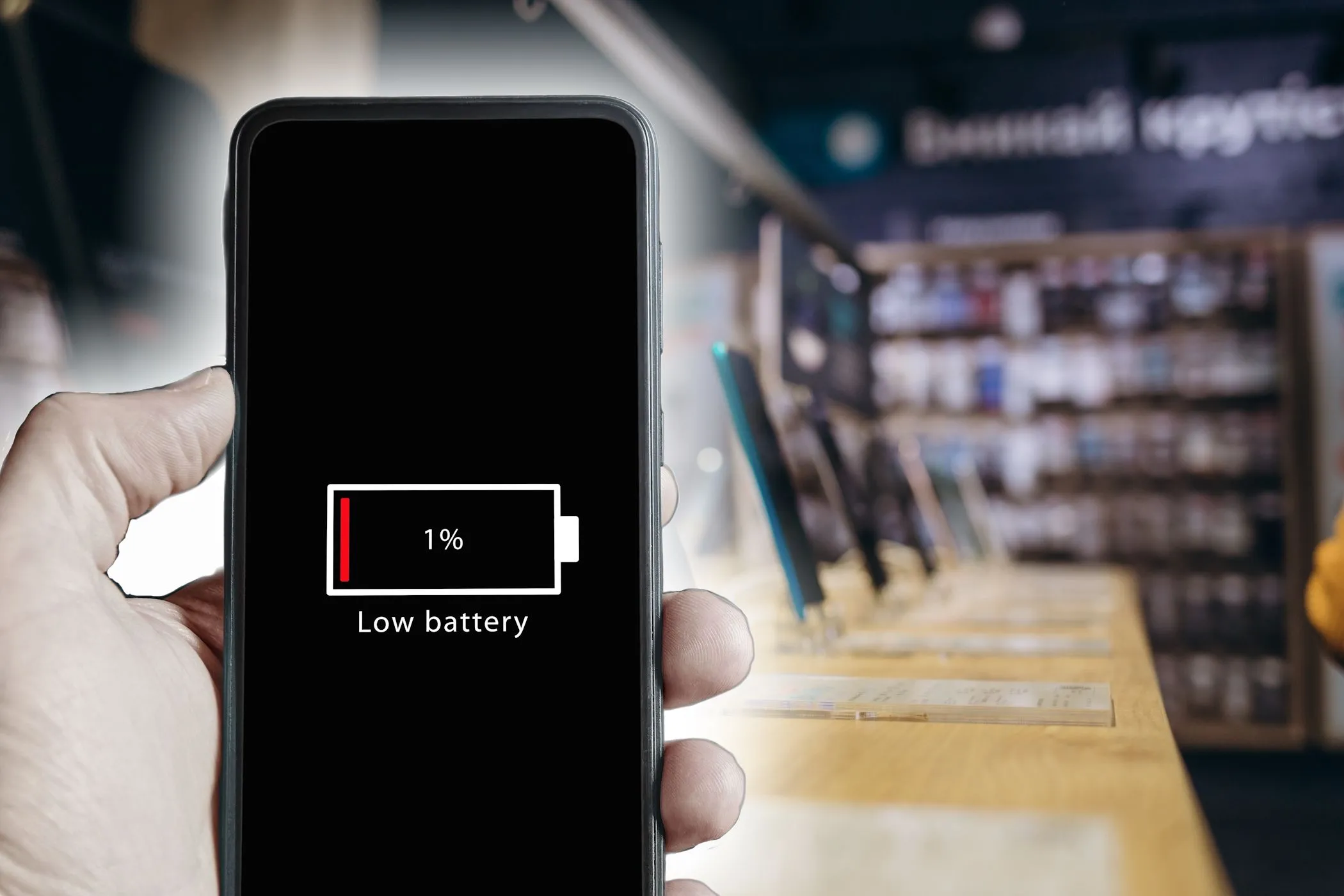 Màn hình iPhone hiển thị cảnh báo pin yếu trong cửa hàng, minh họa nhu cầu về ốp lưng sạc dự phòng.