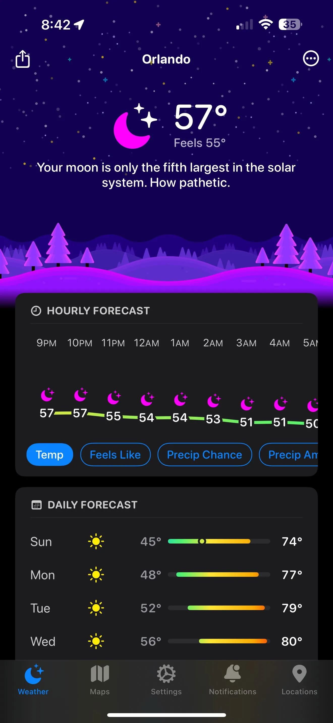 Màn hình iPhone hiển thị dự báo thời tiết Orlando của Carrot Weather với lời nhận xét hài hước, châm biếm từ AI.