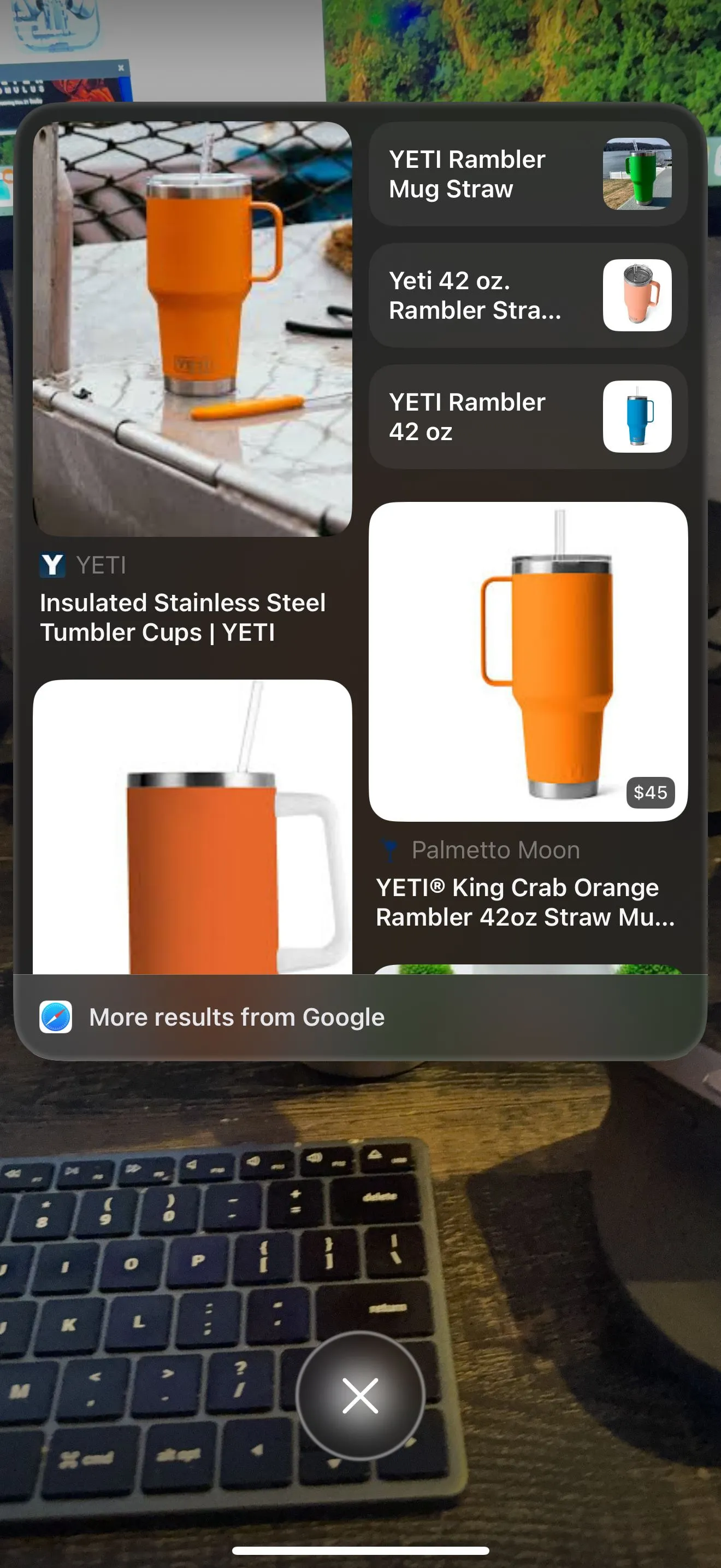 Màn hình iPhone hiển thị tùy chọn Search và Ask của tính năng Visual Intelligence khi sử dụng nút Camera Control.